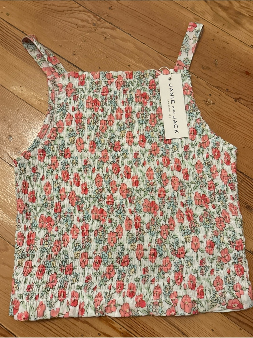 New Janie & Jack Floral Smocked Ruffle Top Size 12 Sleeveless 100% Cotton Pink